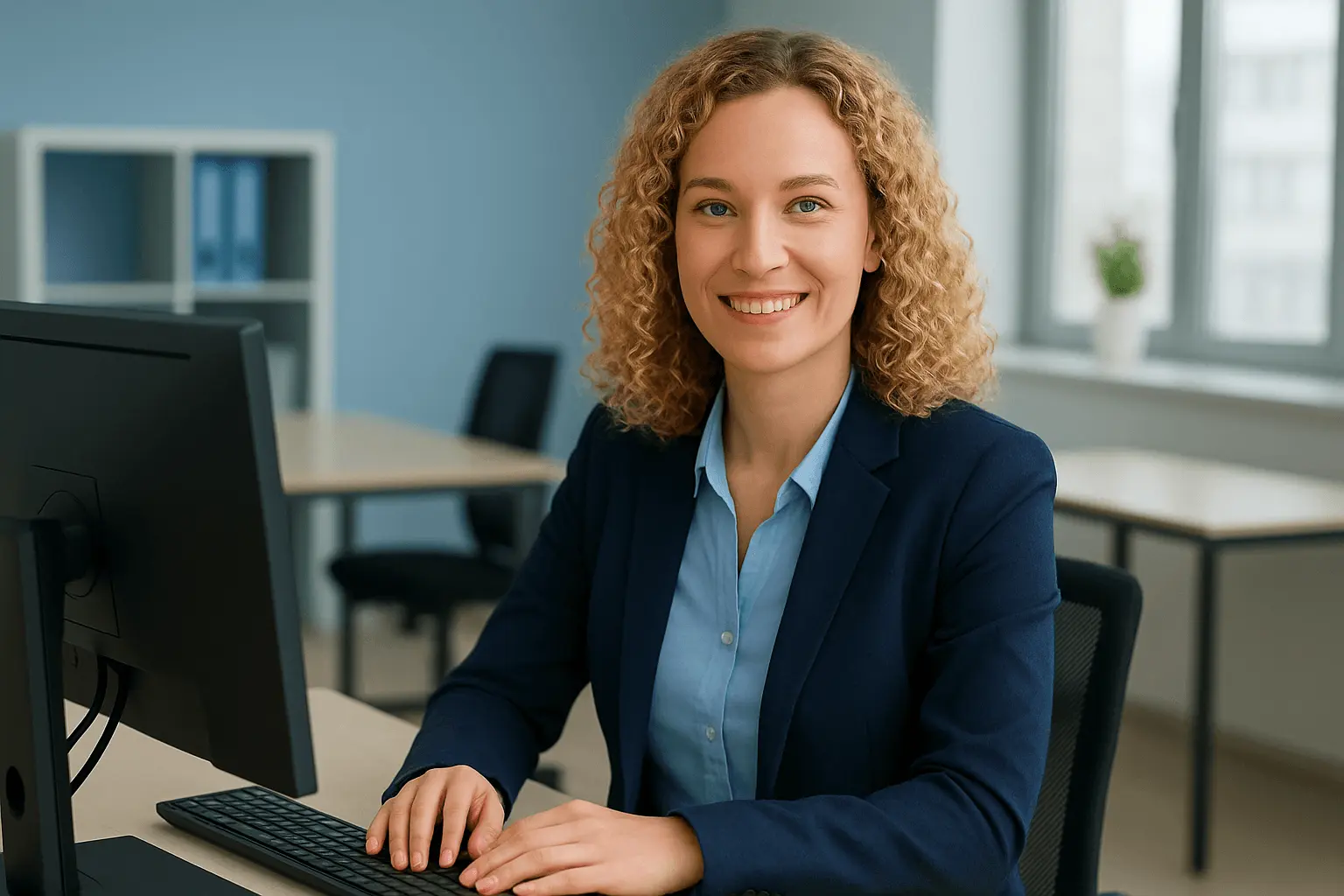 Porträt einer lächelnden 34-jährigen deutschen Frau mit blonden Locken in dunkelblauem Blazer und hellblauer Bluse, die in einem modernen Büro an ihrem Schreibtisch sitzt und in die Kamera schaut; das Bild symbolisiert berufliche Schlüsselkompetenzen wie Professionalität, Kommunikationsfähigkeit und Kompetenz.