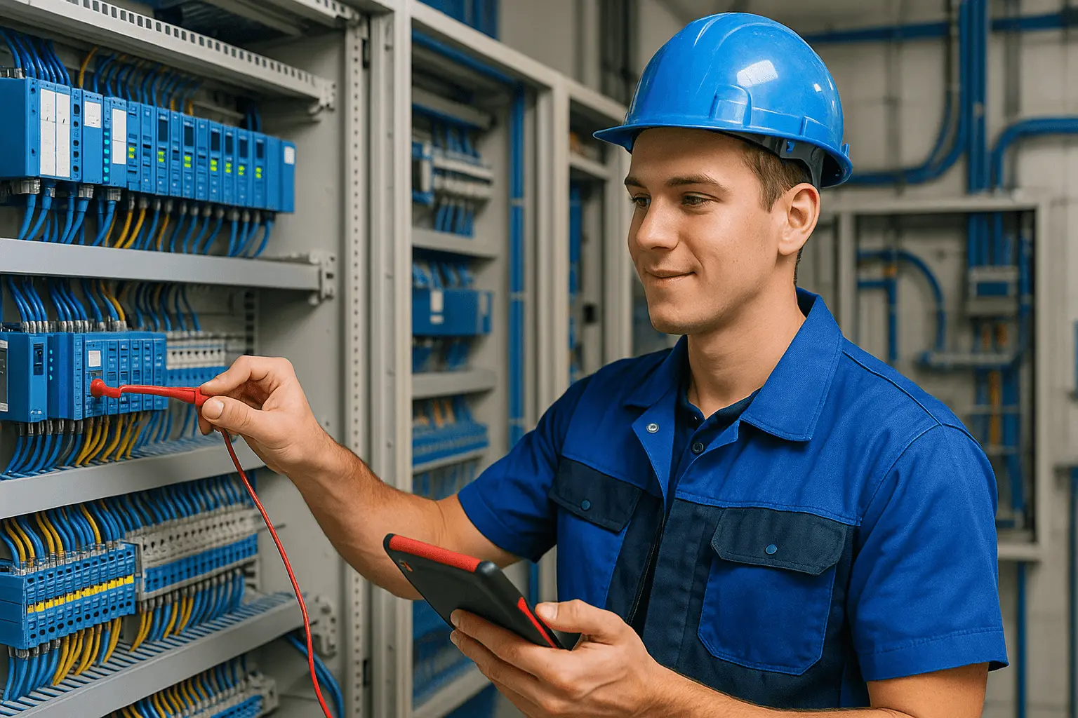 Elektroniker für Automatisierungstechnik prüft Schaltschrank