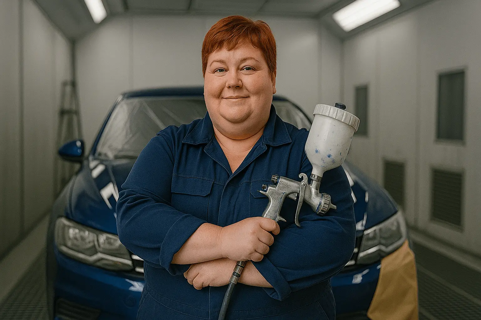 Fahrzeuglackierermeister lackiert Auto in moderner Lackierkabine