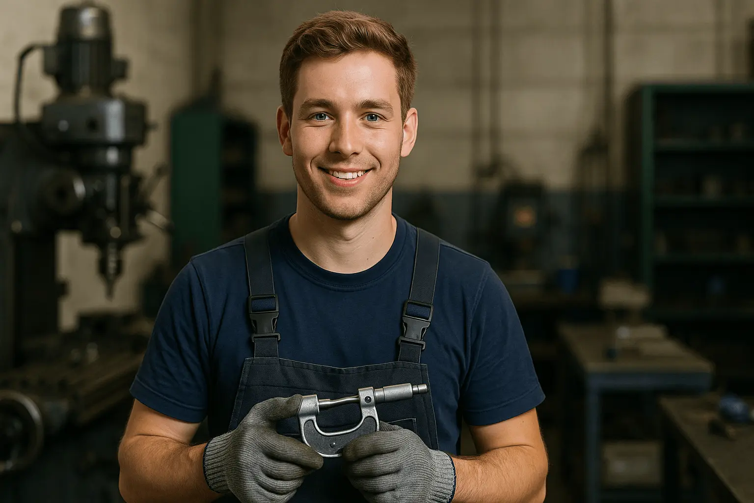 Feinwerkmechanikermeister misst Werkstück in der Werkstatt