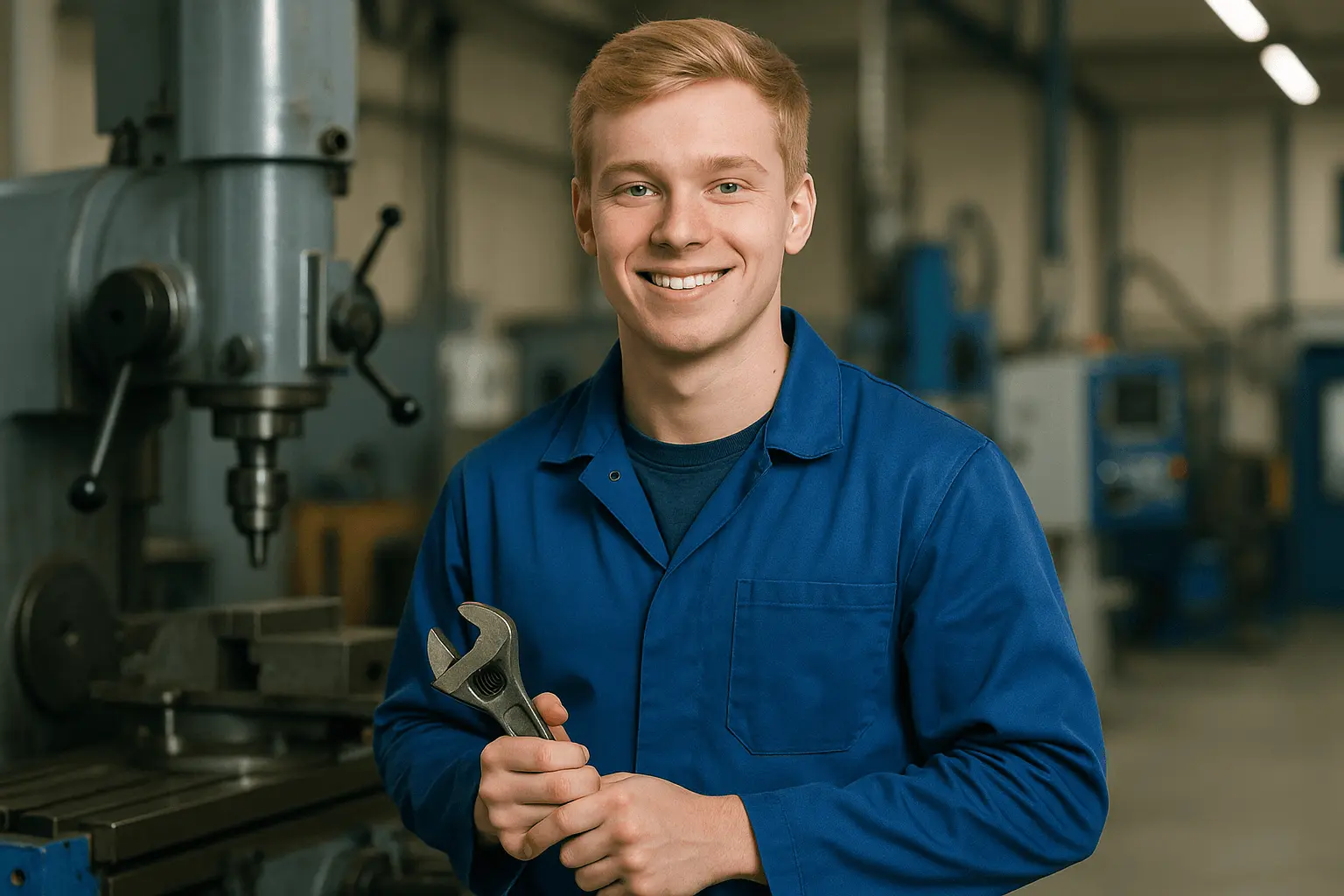 Industriemechaniker hält Schraubenschlüssel in der Werkhalle