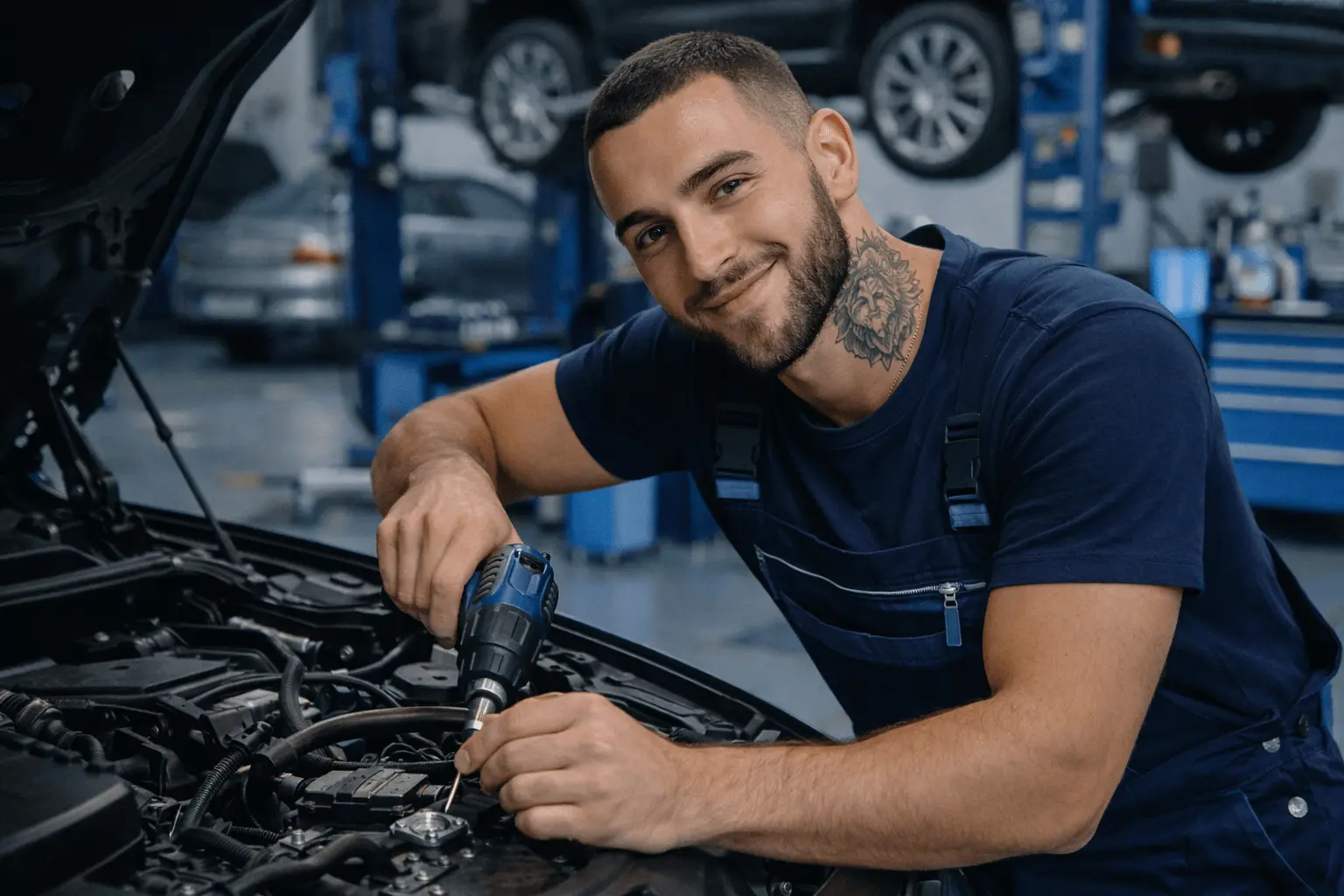 Karosserie- und Fahrzeugbaumechaniker arbeitet in Werkstatt“