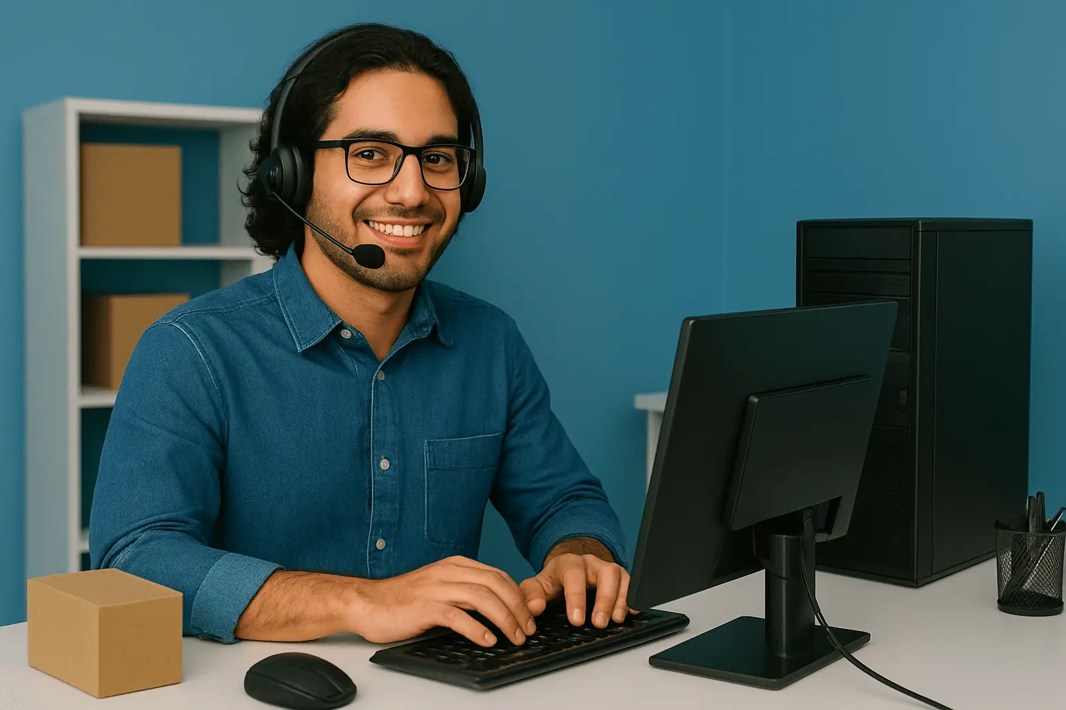 E-Commerce Kaufmann telefoniert und arbeitet am Desktop-PC