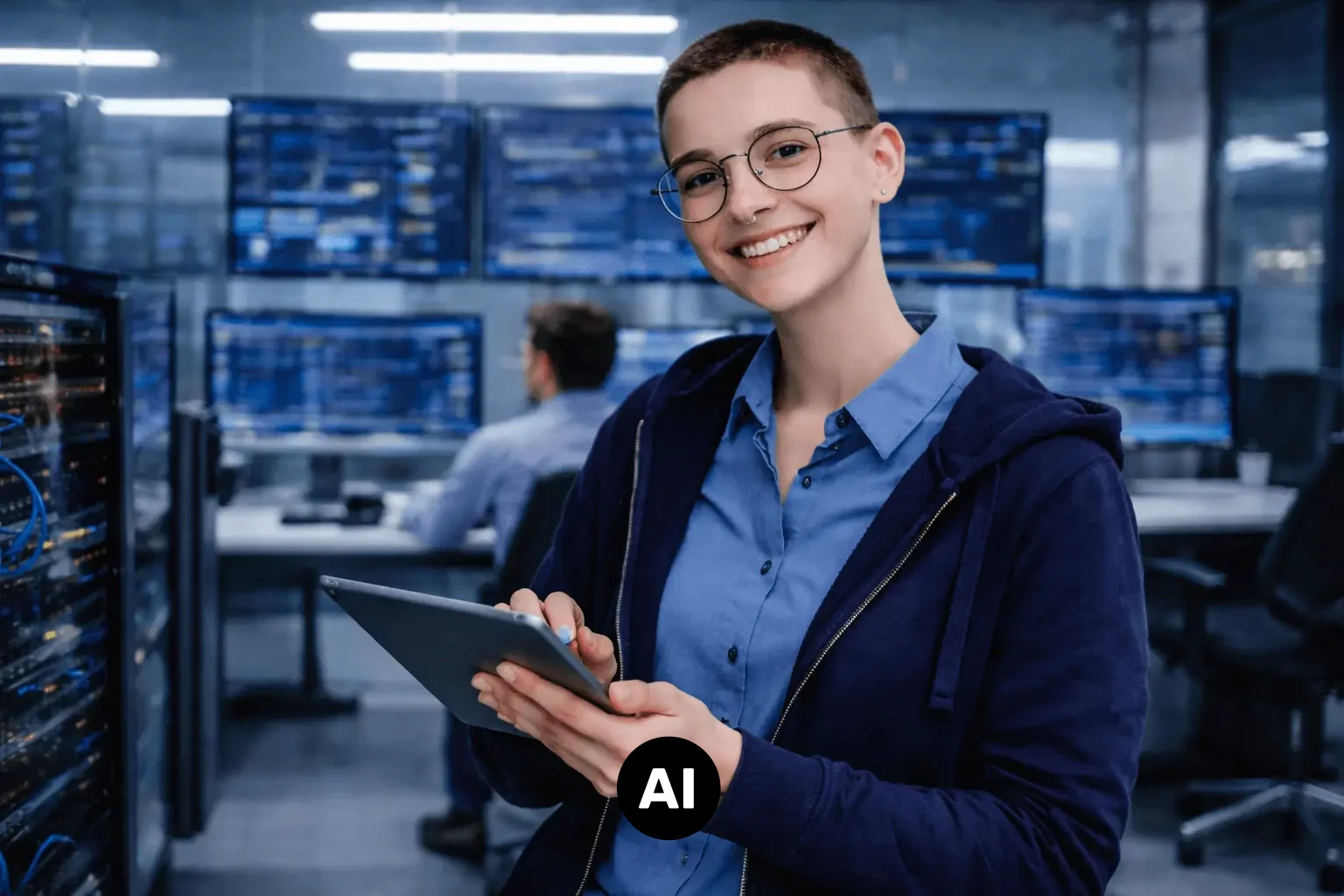 Kauffrau für IT-System-Management prüft digitale Prozesse. Hinweis: Dieses Bild enthält mit künstlicher Intelligenz erzeugte oder bearbeitete Inhalte.