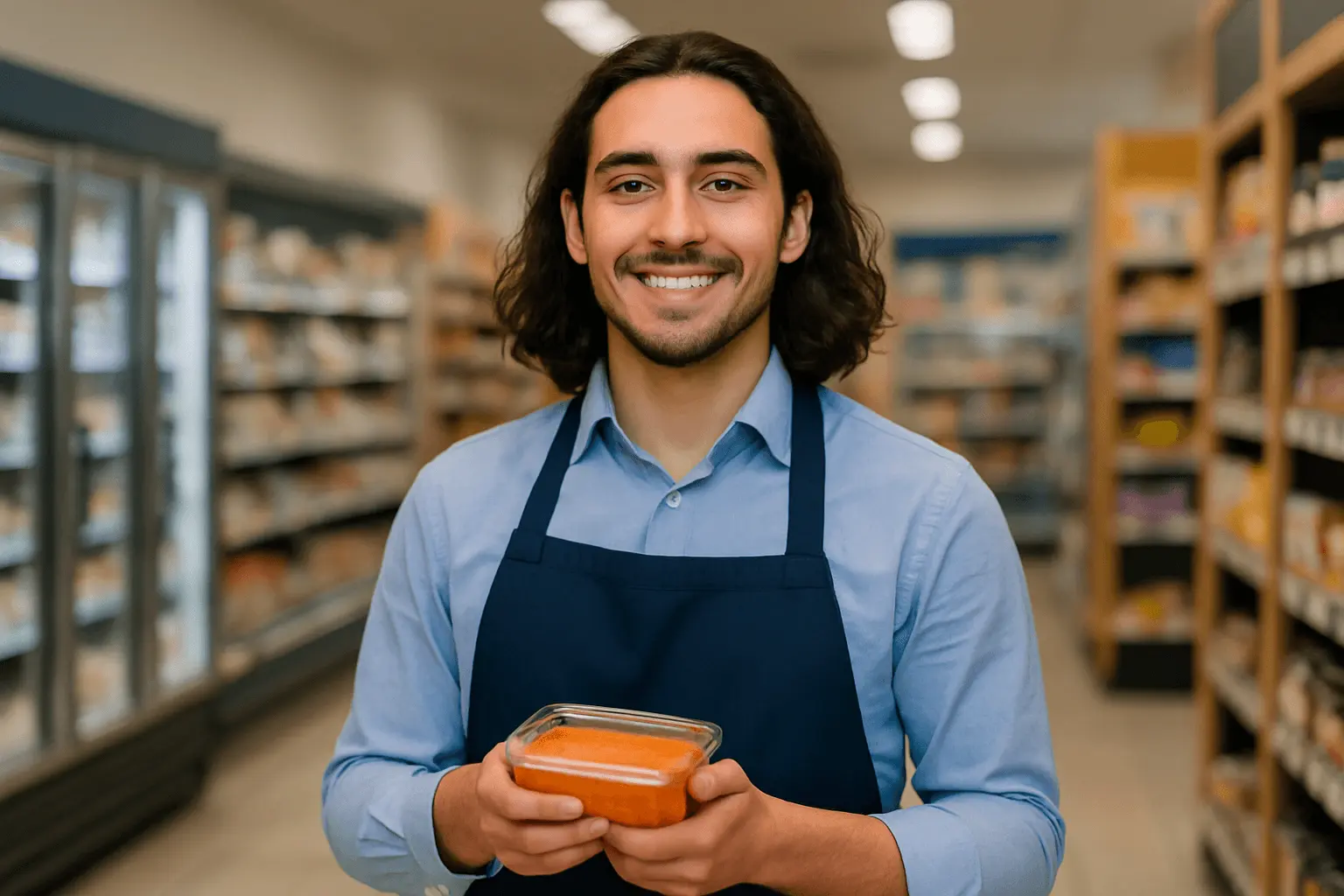 Kaufmann im Einzelhandel präsentiert Ware im Supermarkt