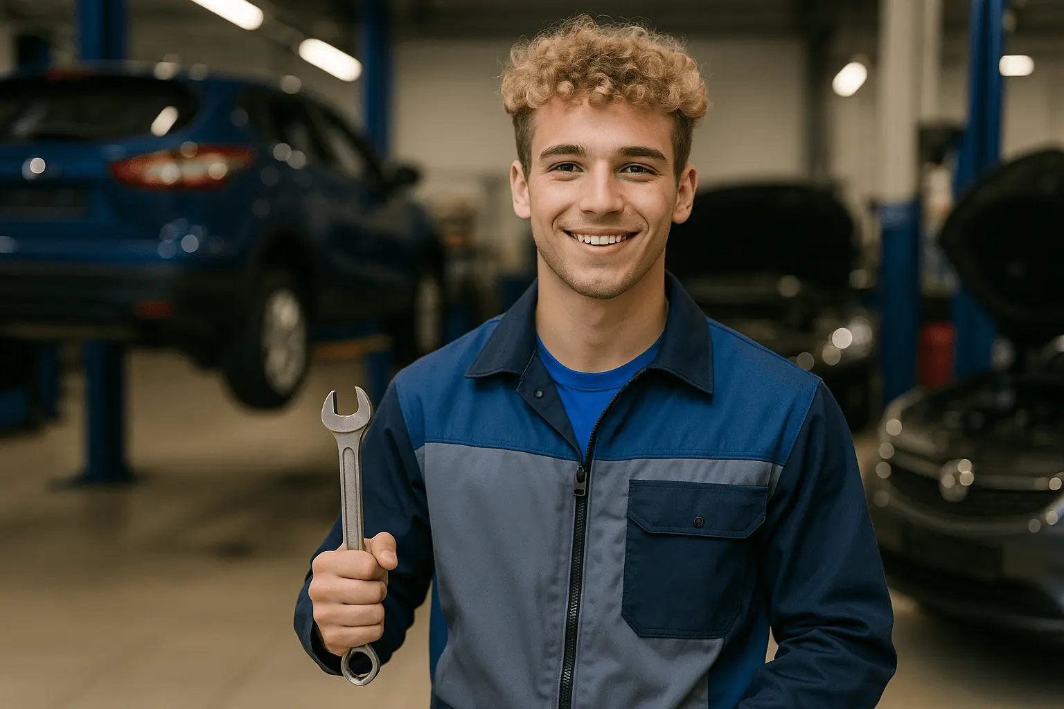 Junger Kfz-Mechatroniker arbeitet in Werkstatt mit Schraubenschlüssel
