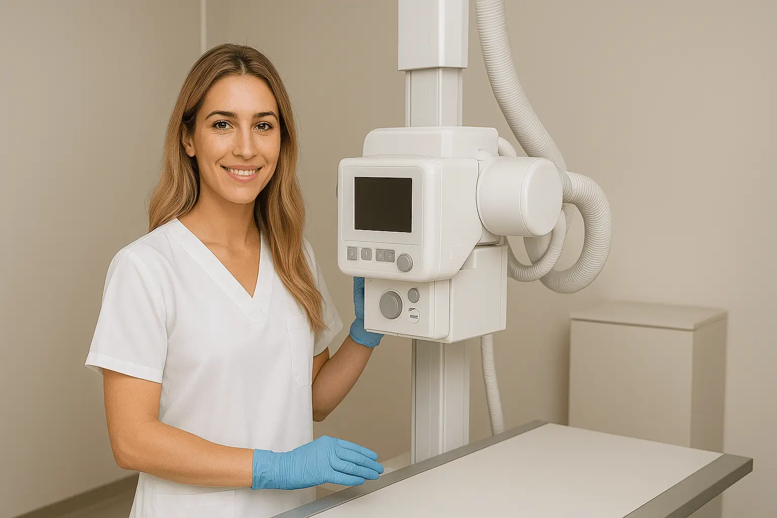 Radiologieassistentin bedient modernes Röntgengerät im Untersuchungsraum