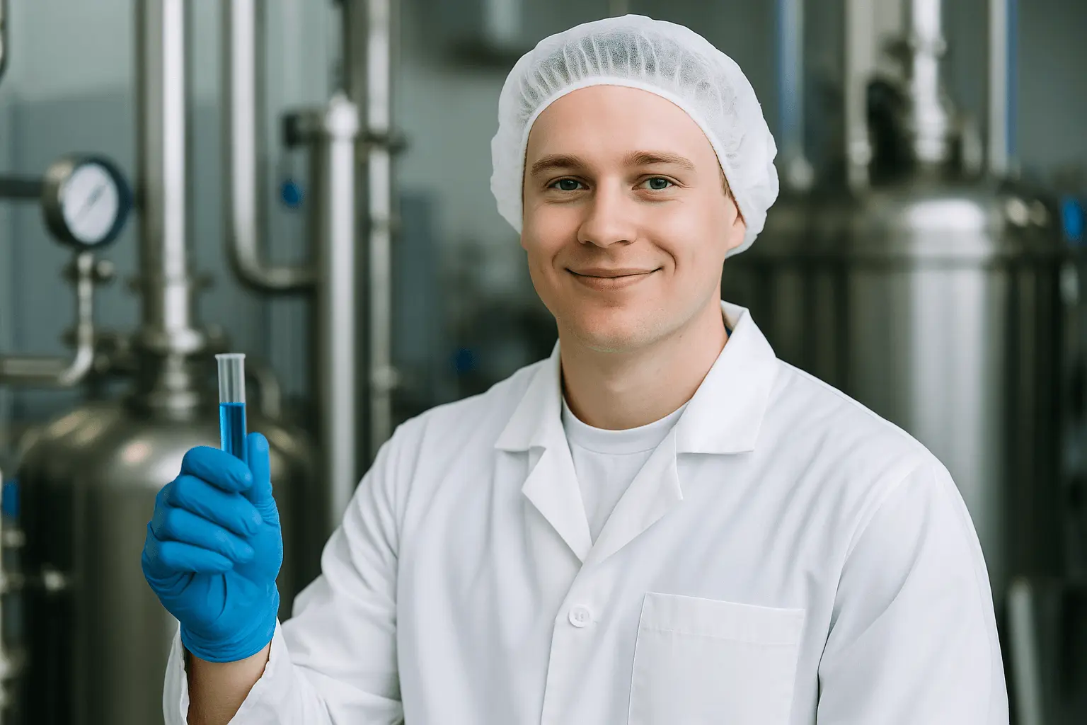 Pharmakant prüft blaue Flüssigkeit im Labor