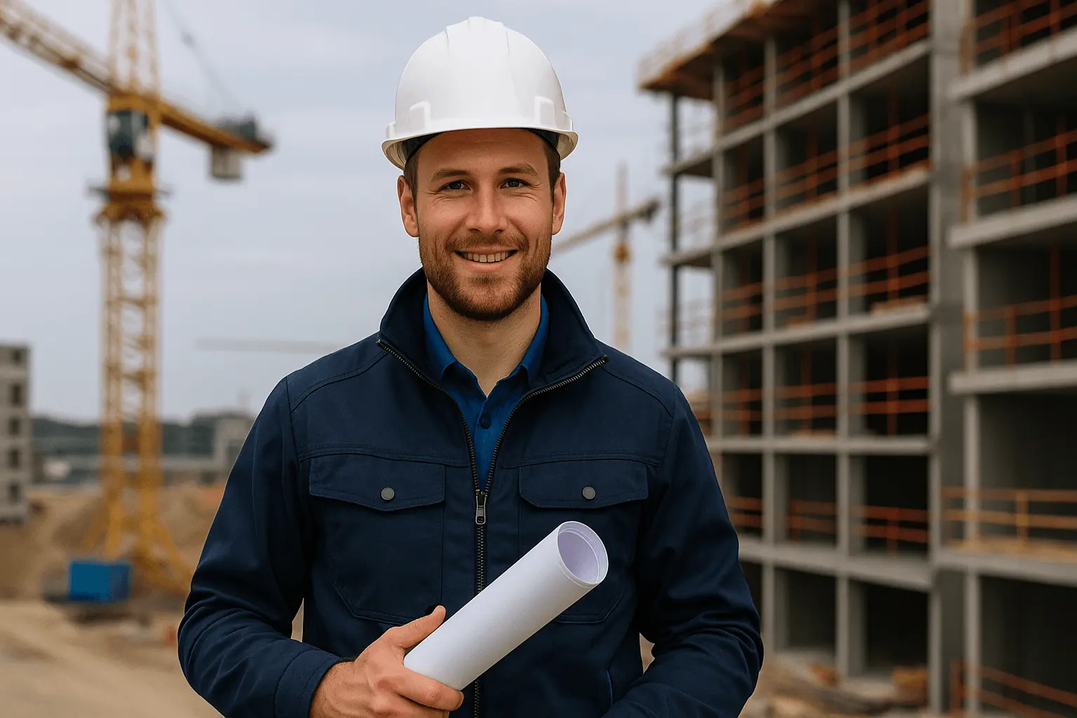Techniker Bautechnik überwacht Baustelle mit Bauplan