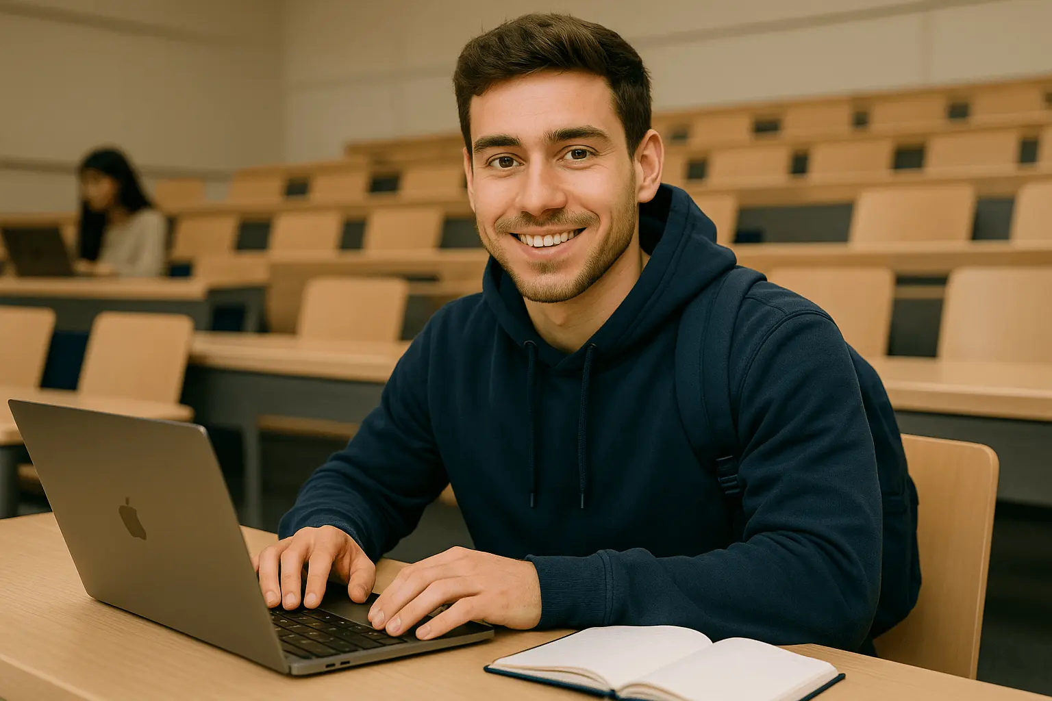 Student arbeitet mit Laptop im Hörsaal