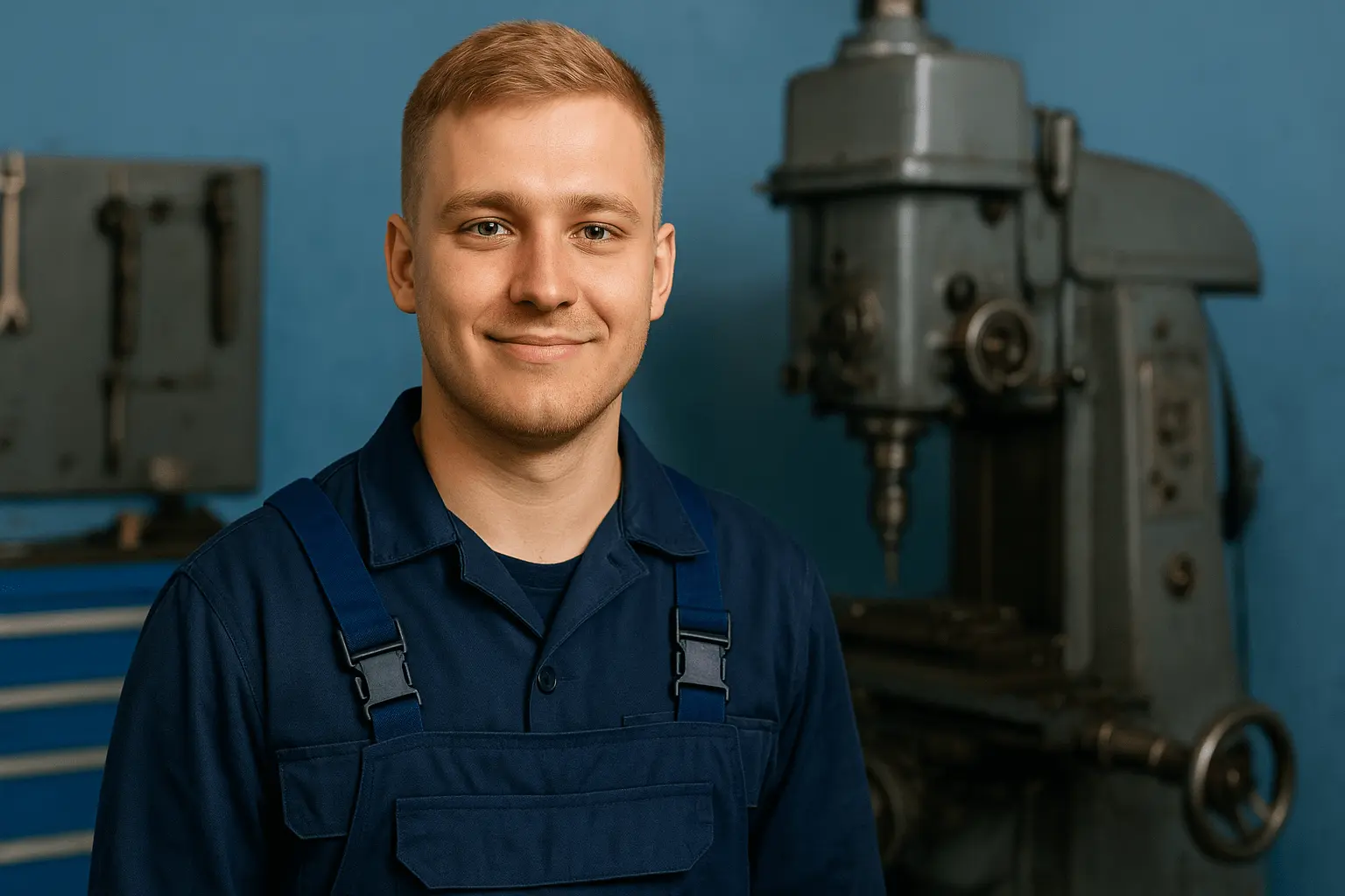 Werkzeugmechaniker in Arbeitskleidung vor einer Maschine