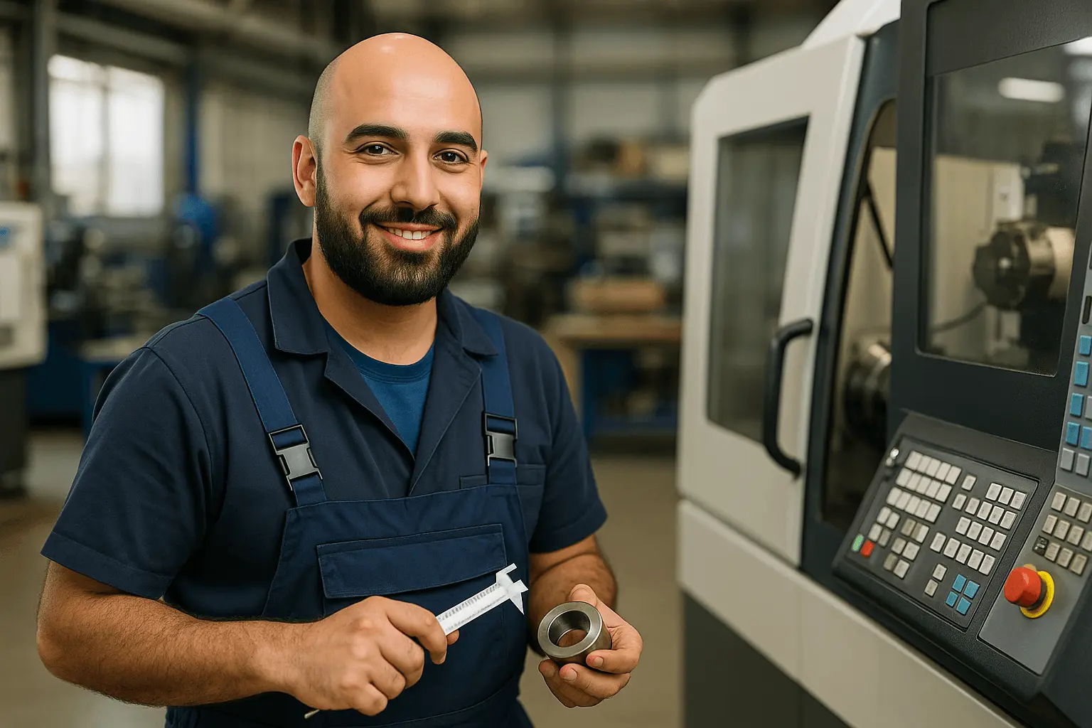 Zerspanungsmechaniker misst Werkstück an CNC-Maschine präzise aus