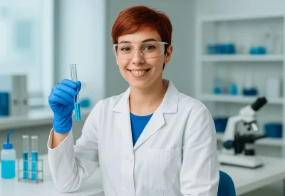 Laborantin hält Reagenzglas mit blauer Flüssigkeit im Labor